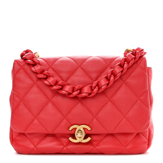 CHANEL Lambskin Quilted Small Lacquered Chain Flap Red