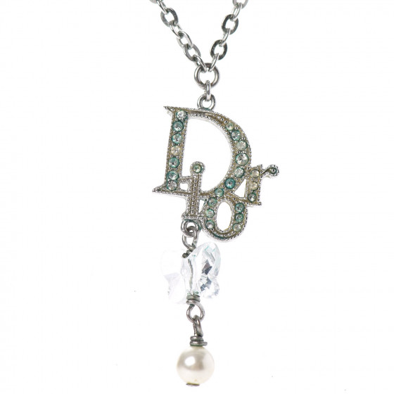 CHRISTIAN DIOR Crystal Pearl Logo Necklace Silver 726290