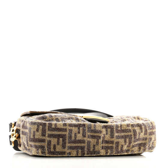FENDI Vitello King Beaded Zucca Baguette Mogano Panna Ebano