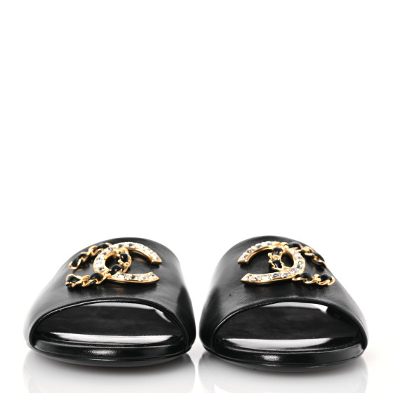 CHANEL Shiny Calfskin Crystal CC Sandals 37 Black 1626411