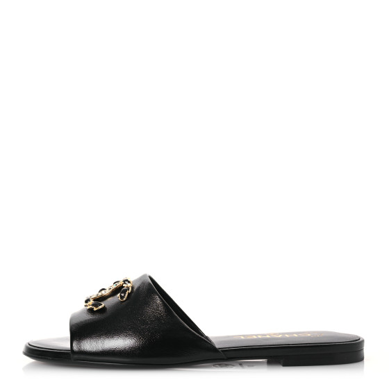 CHANEL Shiny Calfskin Crystal CC Sandals 37 Black 1626411