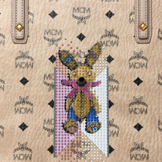 MCM Visetos Medium Studded Rabbit Top Zip Shopper Tote Beige