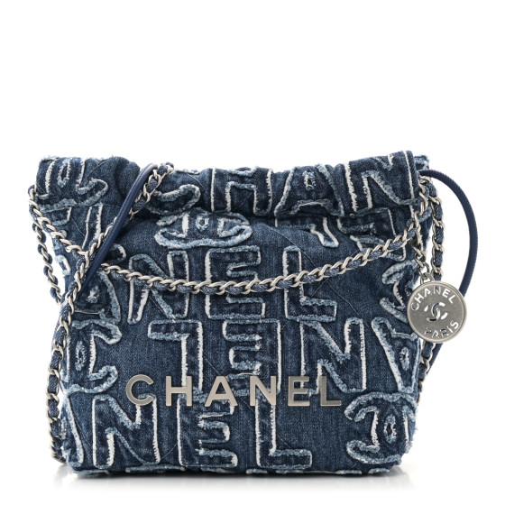CHANEL Washed Denim Logo Embroidered Mini Chanel 22 Blue