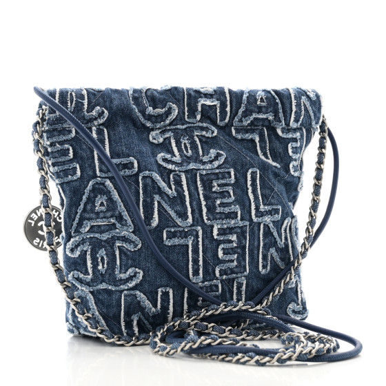 CHANEL Washed Denim Logo Embroidered Mini Chanel 22 Blue