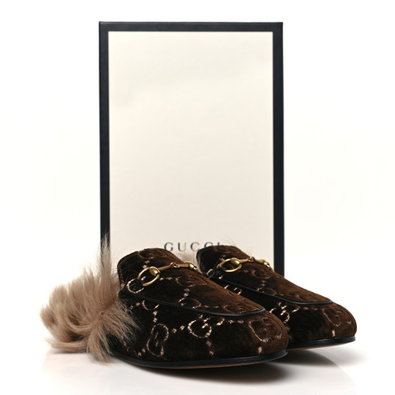 GUCCI Velvet GG Monogram Fur Womens Princetown Slippers 36