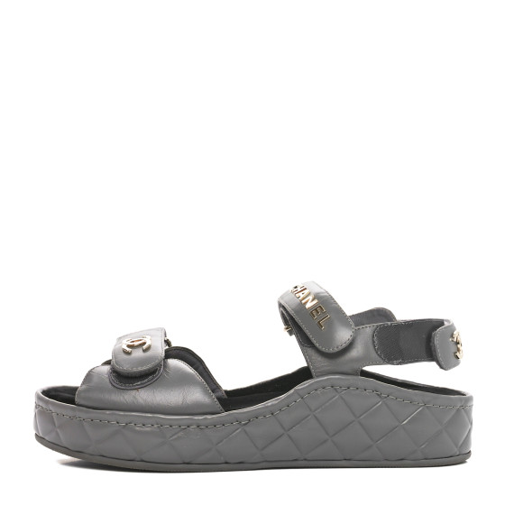 CHANEL Shiny Calfskin Logo Platform Sandals 38 Grey 1687845