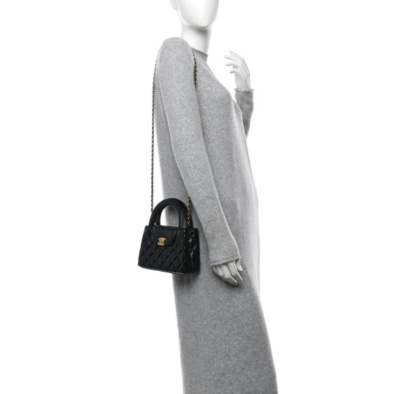 CHANEL Shiny Aged Calfskin Quilted Nano Kelly Shopper Black