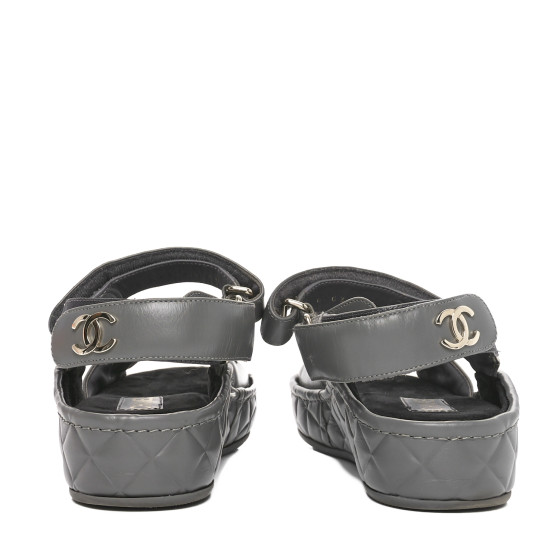 CHANEL Shiny Calfskin Logo Platform Sandals 38 Grey 1687845