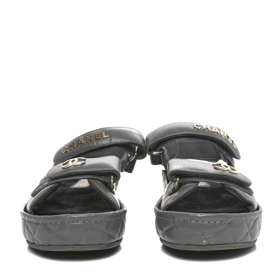 CHANEL Shiny Calfskin Logo Platform Sandals 38 Grey 1687845