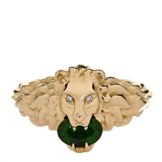GUCCI 18K Yellow Gold Diamond Chrome Diopside Lion Head Ring