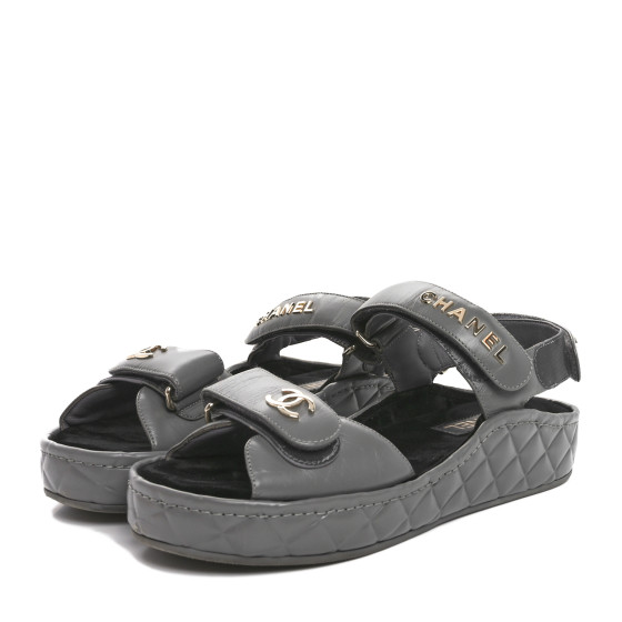 靴 CHANEL 38 CHANEL Shiny Calfskin Logo Platform Sandals 38 Grey 1687845