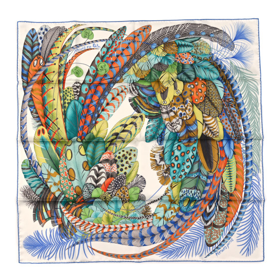 HERMES Silk Plumes En Fete Scarf 90 Blanc Turquoise