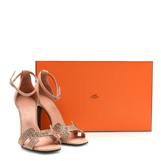 HERMES Suede Goatskin Crystal Joy 105 Sandals 39 Nude