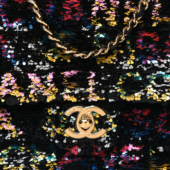 【ロゴがポイント♪】CHANEL CHANEL Sequin Logo CC Small Single Flap Black Multicolor