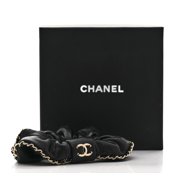 CHANEL Lambskin Chain CC Hair Scrunchie Black Gold 1660147