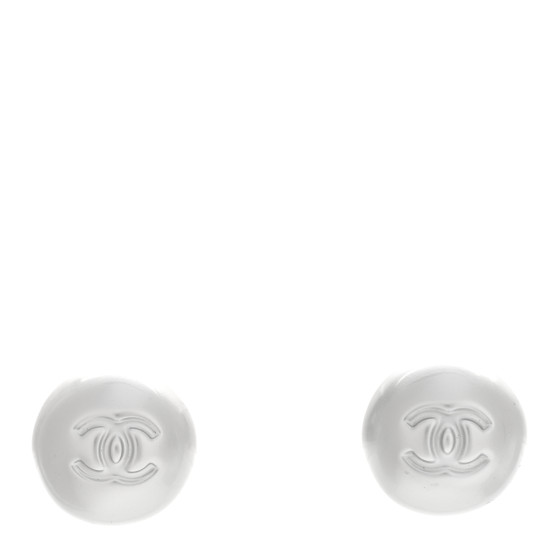 CHANEL Resin Metal CC Stud Earrings Silver Pearly White