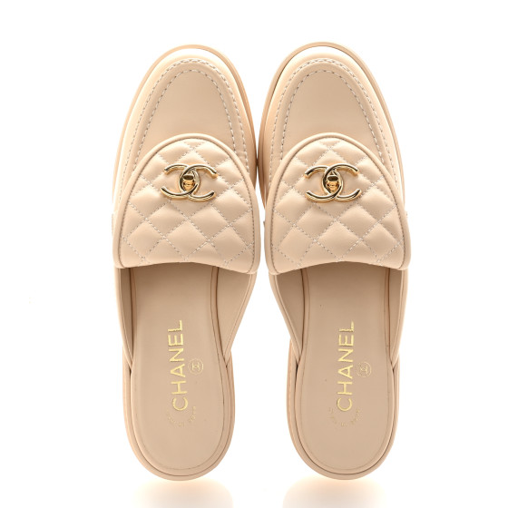 CHANEL Lambskin Quilted CC Turnlock Mules 41 Light Beige