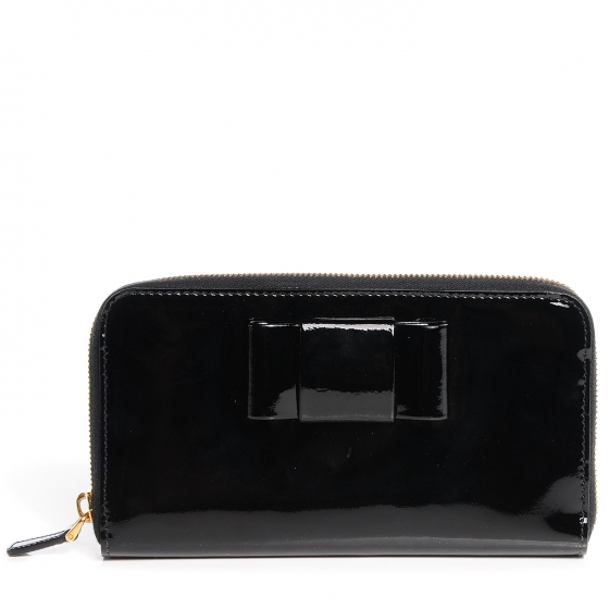 MIU MIU Patent Bow Zip Around Wallet Black 66613 | FASHIONPHILE