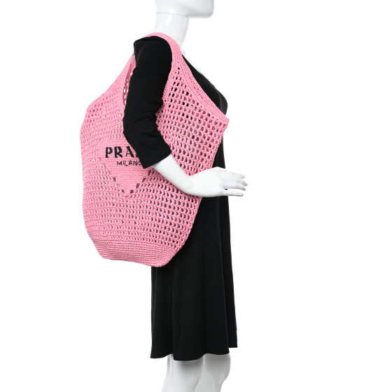 PRADA Yarn Raffia Effect Crochet Logo Embroidered Shopping
