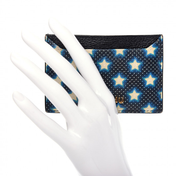 ★ mynカート★ MIU MIU Goatskin Madras Star Print Card Holder Black