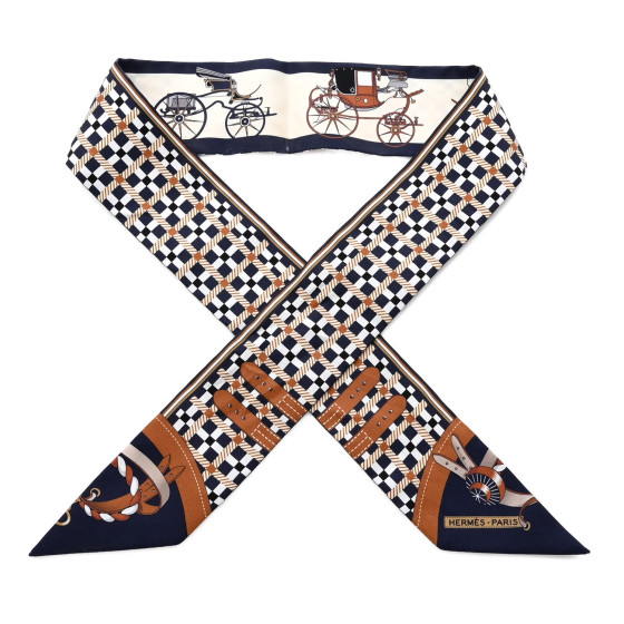 HERMES Silk Les Voitures Nouvelle Twilly Marine Caramel
