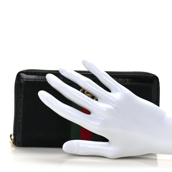 GUCCI Suede Patent GG Web Ophidia Zip Around Wallet Black