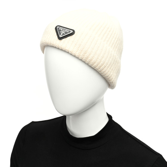 PRADA Wool Cashmere Beanie Hat L White 1564852 | FASHIONPHILE