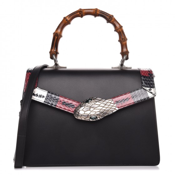 GUCCI Calfskin Snakeskin Small Lilith Top Handle Bag Black 337739