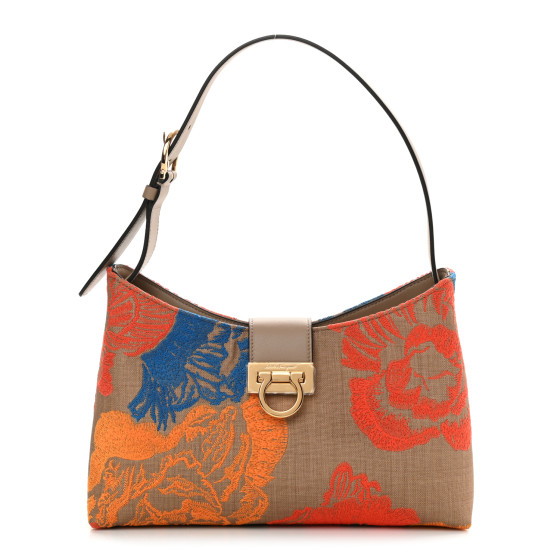 SALVATORE FERRAGAMO Raffia Embroidered Woven Trifolio