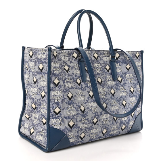 MCM Jacquard Monogram Large Tote Blue 1628211 | FASHIONPHILE