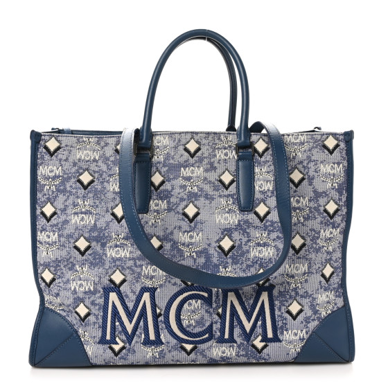 MCM Jacquard Monogram Large Tote Blue 1628211 | FASHIONPHILE