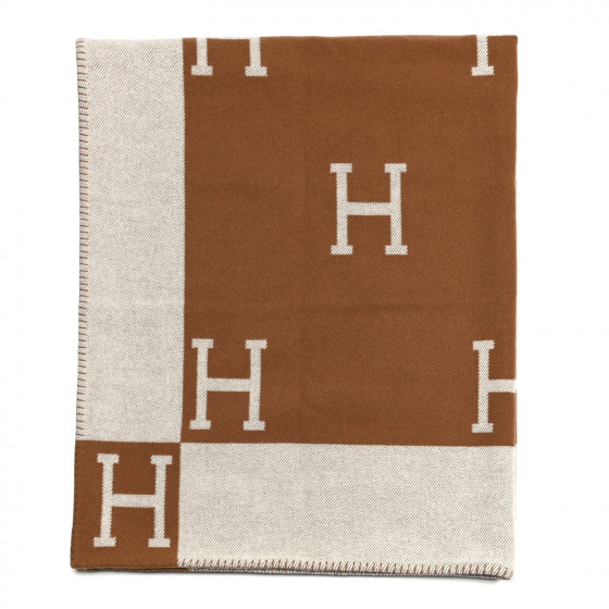HERMES Wool Cashmere Avalon Blanket Ecru Camel 1095326 FASHIONPHILE