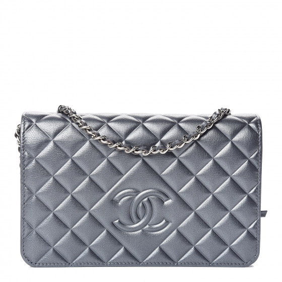 CHANEL Metallic Goatskin Quilted Diamond CC Wallet On Chain