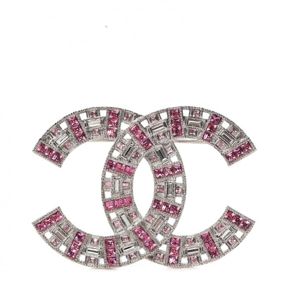 CHANEL Baguette Crystal CC Brooch Silver Pink 376341