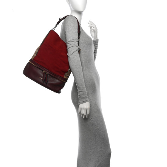 BURBERRY Nubuck Canvas Check Beckett Bucket Bag Deep Claret