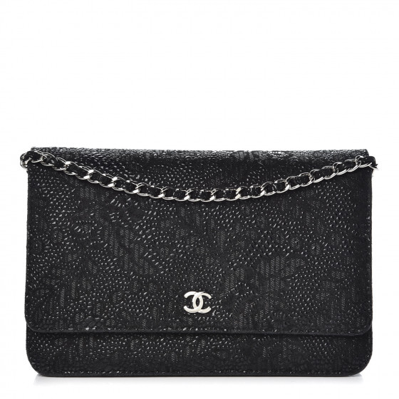 CHANEL Lace Goatskin Wallet On Chain WOC Black 357640