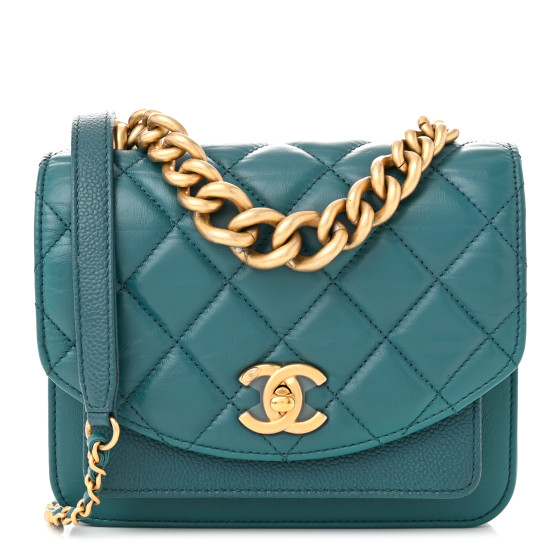 Calfskin Caviar Quilted Mini Chain Handle Flap Dark Turquoise