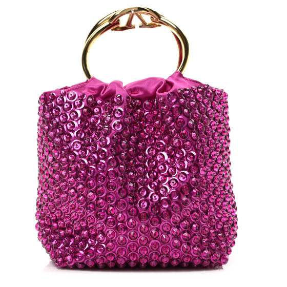 VALENTINO GARAVANI Satin Rhinestone Embellished Small Carry Secrets Bucket Bag Pink