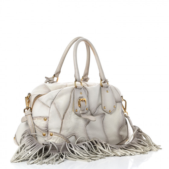 PRADA Cervo Patchwork Fringe Bowler Bianco 730657 | FASHIONPHILE