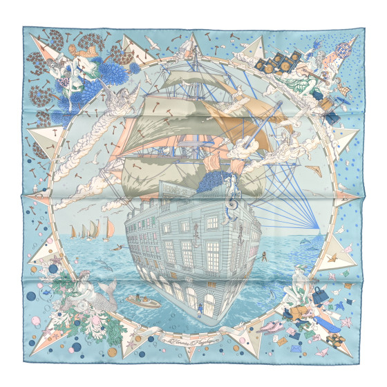 HERMES Silk Flagship Scarf 90 Bleu Ciel Vert De Gris Rose