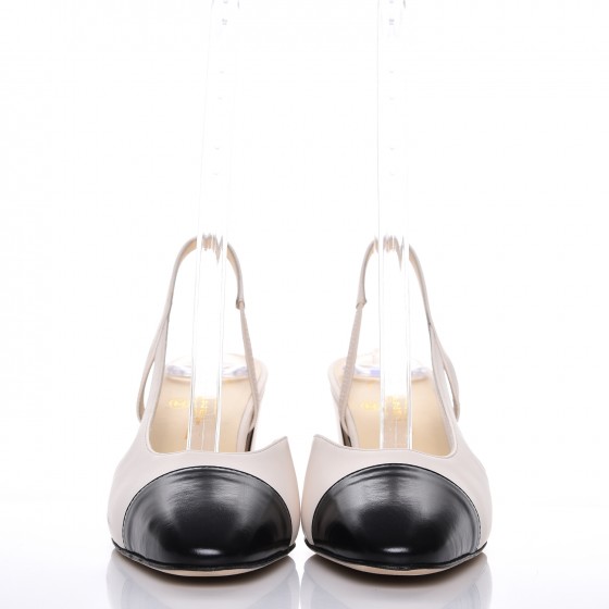 CHANEL Calfskin Cap Toe CC Slingback Sandals 38 Ivory Black