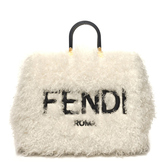 FENDI Mohair Vitello Aura Logo Embroidered Large Fendi Sunshine Shopper Tote White Ebano