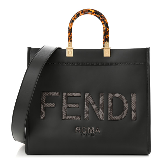 FENDI Vitello King Plexiglass Elaphe Python Print Logo Medium Fendi Sunshine Shopper Tote Dark Asphalt