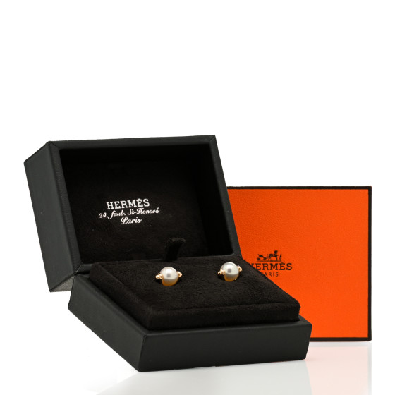 HERMES 18K Rose Gold Pearl PM Chandra Earrings 1109712