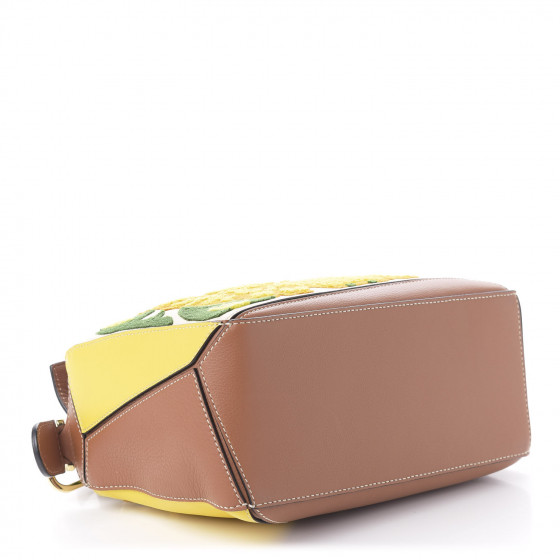 LOEWE Calfskin Embroidered Floral Small Puzzle Bag Tan