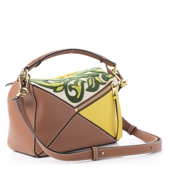 LOEWE Calfskin Embroidered Floral Small Puzzle Bag Tan