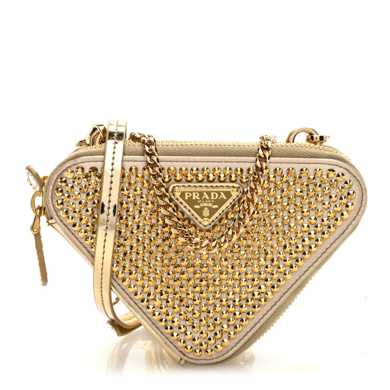PRADA ゴールド ミニバッグ PRADA Satin Crystal Mini Triangle Crossbody Pouch Platino