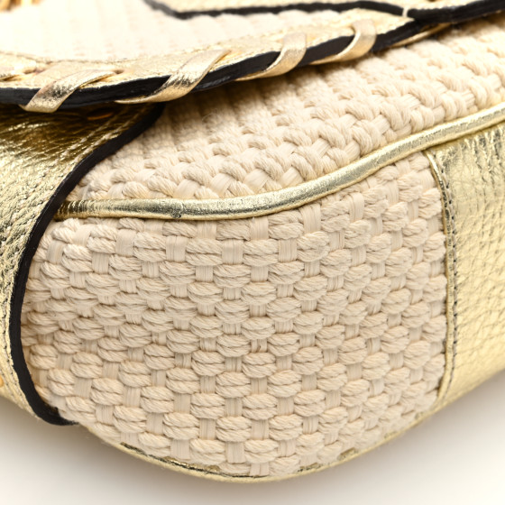 VERSACE Woven Canvas Metallic Calfskin Stitched Shoulder Bag