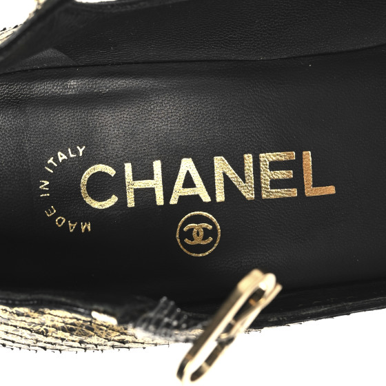 CHANEL Metallic Snakeskin Studded CC T-Strap Wedges 37 Gold