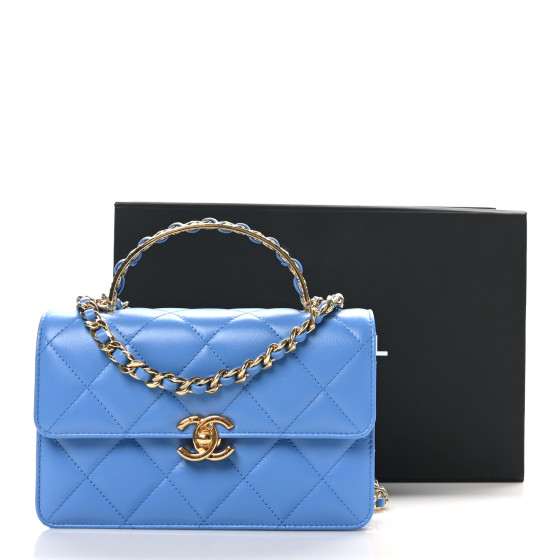 CHANEL Lambskin Quilted Chain Logo Top Handle Flap Blue